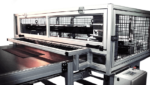 Shear cut traveling knife system with guarding and conveyor cuts foam material