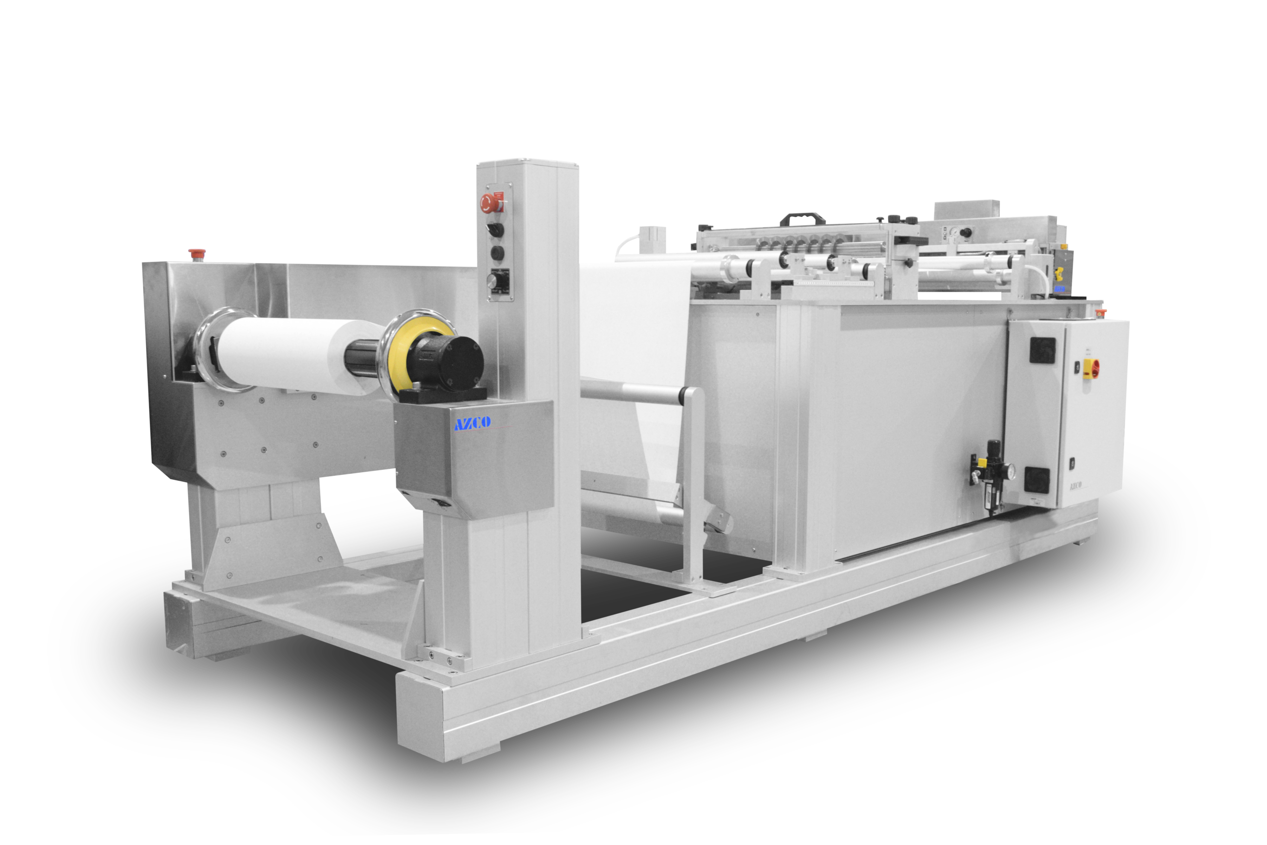 Cut to length station with unwind, precision punch assembly and shear cut slitter assembly cuts paper and film in roll form